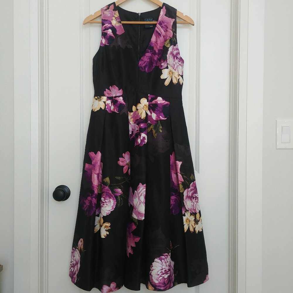 Gabby Skye raw silk look purple black floral midi dress pleated full ski…